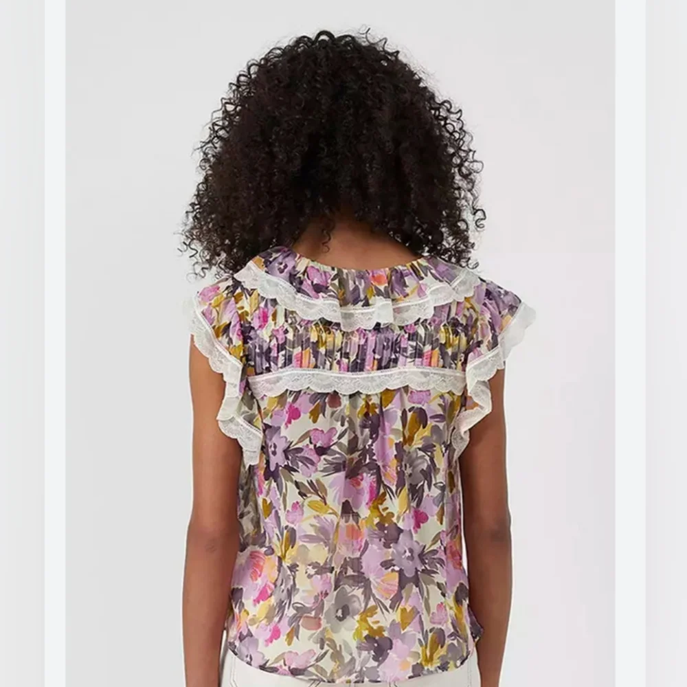 French Connection women's Catlett Crinkle Ruffle Trim Top Orchid Bouquet Small